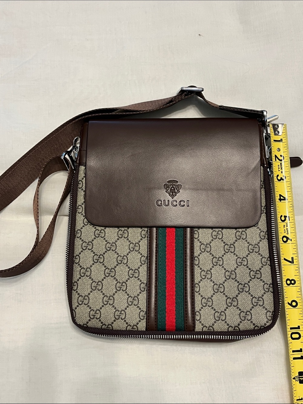 Gucci Brown GG Canvas Messenger with Green-Red Web Stripe